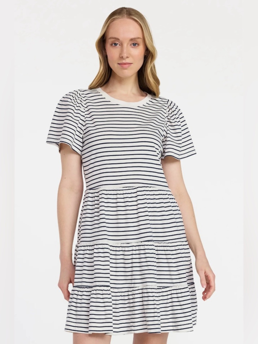 NWT Time and Tru White and black Striped Short Sleeve Tiered Mini Dress